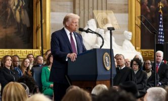 President Donald Trump delivers his inaugural address Monday in the District of Columbia.