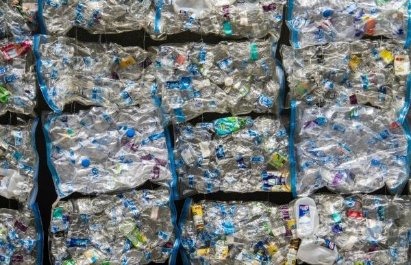 Bales of used plastic containers.