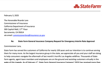 State Farm letterhead carries a request to the state's insurance commissioner to allow a rate increase following LA County's wildfires.