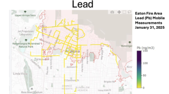 This map shows airborne lead in the Eaton Fire area is well below federal risk standards.